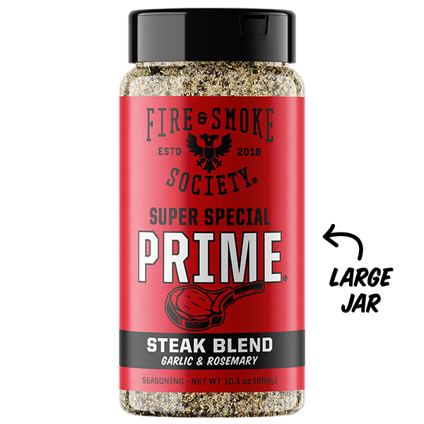 Jar of 'Super Special Prime' steak blend seasoning with red label and black lid on white background