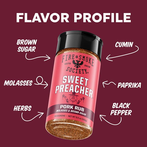 Fire & Smoke Society Sweet Preacher pork rub with flavor profile text on a red background