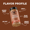 Texas Hickory BBQ Rub bottle with flavor profile text on a brown background
