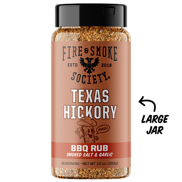 Jar of Texas Hickory BBQ Rub with visible text and branding on a white background