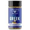 A bottle of Fire & Smoke Society 'The Greek' Mediterranean Blend seasoning, featuring a blue label with white and teal text and a black cap, on a white background.