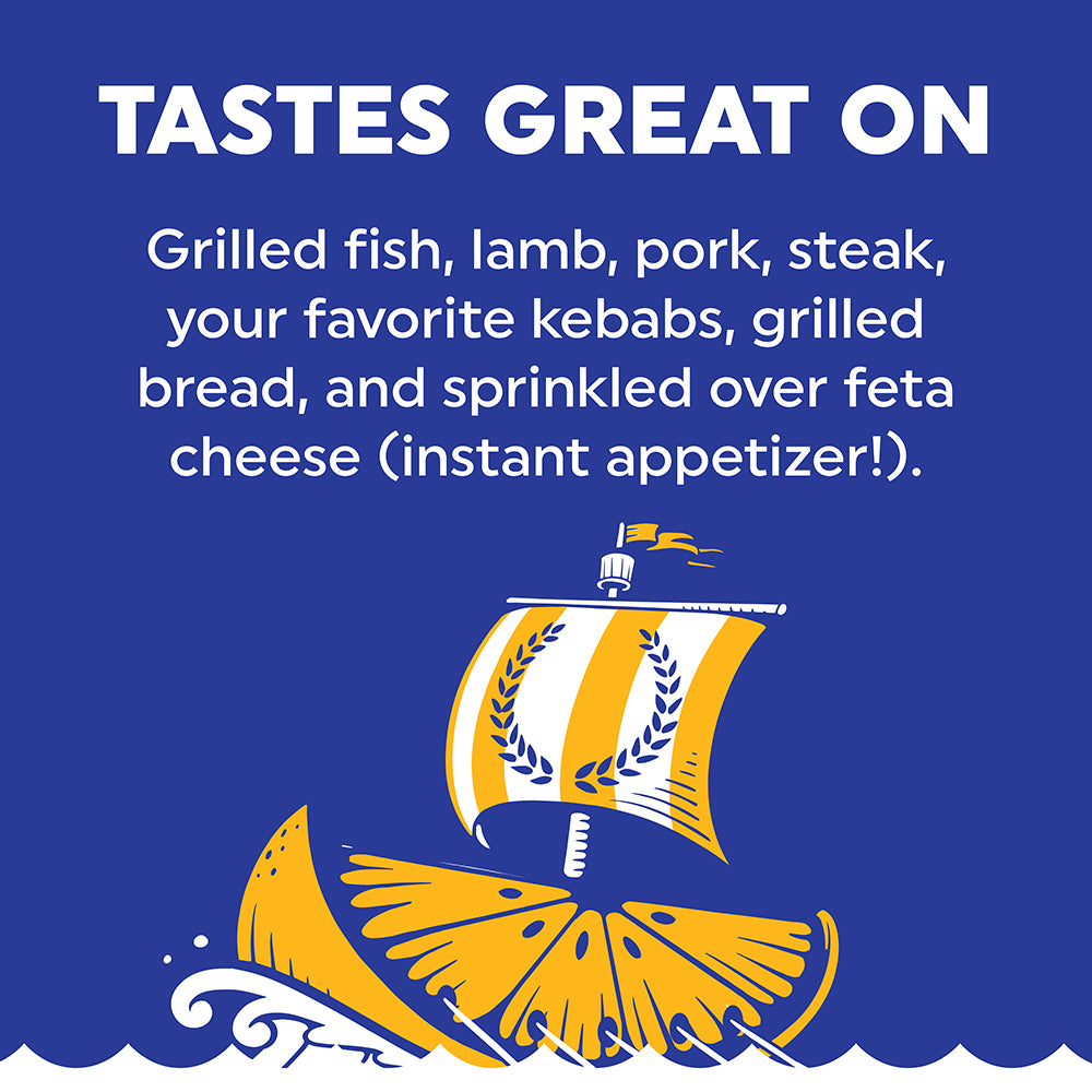 Blue promotional graphic with white text reading 'TASTES GREAT ON' and a list of food pairings, plus a stylized yellow-and-white sailing ship illustration near the bottom.