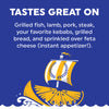 Blue promotional graphic with white text reading 'TASTES GREAT ON' and a list of food pairings, plus a stylized yellow-and-white sailing ship illustration near the bottom.