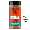 A bottle of Fire & Smoke Society 'The Usual' All-Purpose Blend seasoning, shown as an X-large jar with a black lid and a bright orange label, on a white background