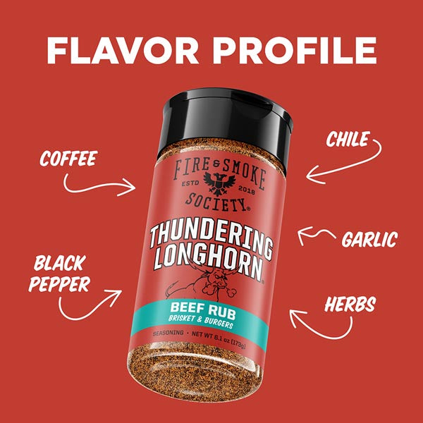 Bottle of 'Thundering Longhorn' beef rub with flavor profile text on a red background
