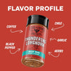 Bottle of 'Thundering Longhorn' beef rub with flavor profile text on a red background