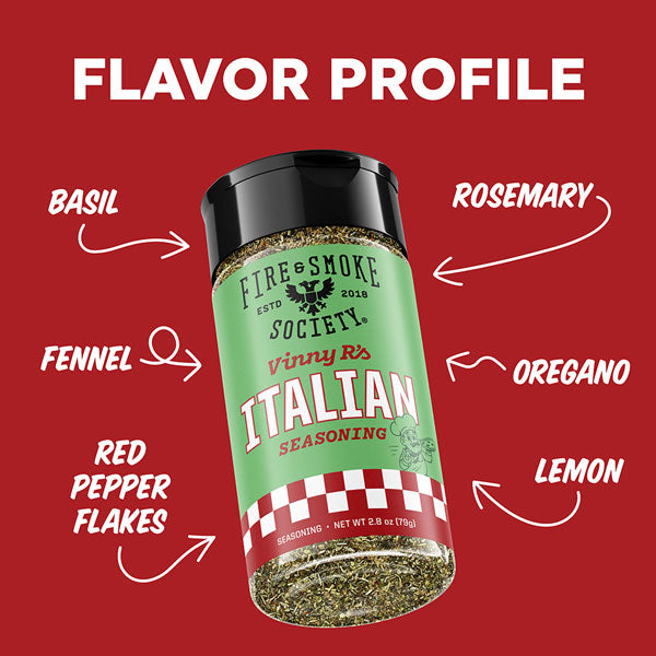Spice jar labeled 'Vinny R's Italian Seasoning' with flavor profile text on a red background