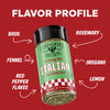 Spice jar labeled 'Vinny R's Italian Seasoning' with flavor profile text on a red background