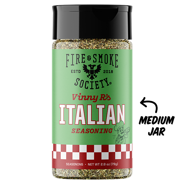 Jar of Vinny R's Italian seasoning with green label and black lid on white background