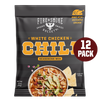 Packaging of Fire & Smoke Society White Chicken Chili seasoning mix with a bowl of chili and tortilla chips on a white background.
