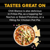  bowl of chili with tortilla chips on a black background with text about chili Blanco uses